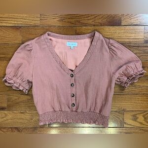 Lost + Wander Cotton Linen Puff Sleeve Crop Top Pink Women’s Small Free People